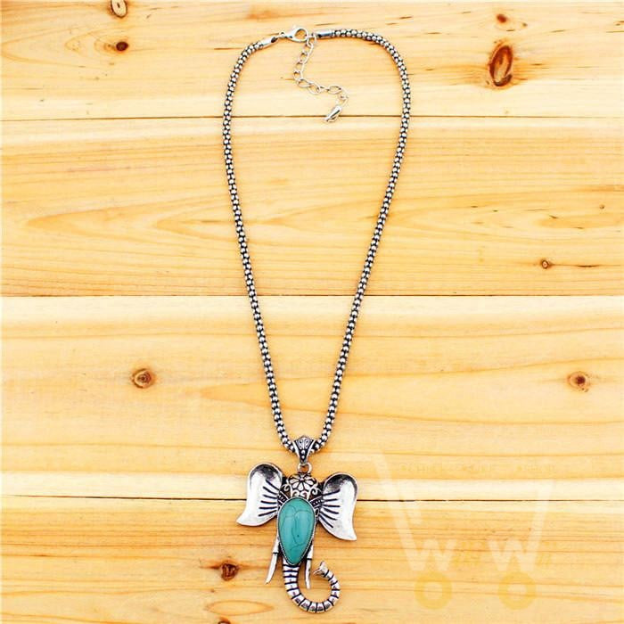 ANtique Silver Plated Elephant Pendant Turquoise Necklace - WikiWii