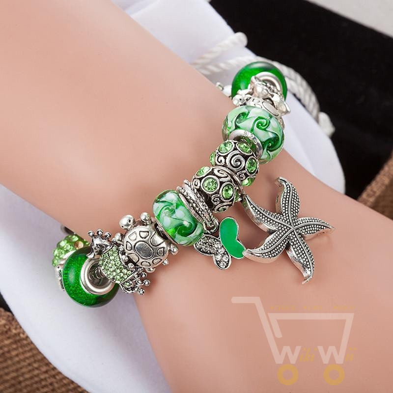 Green Beads Starfish /Butterfly /Turtle Charm Bracelet - WikiWii
