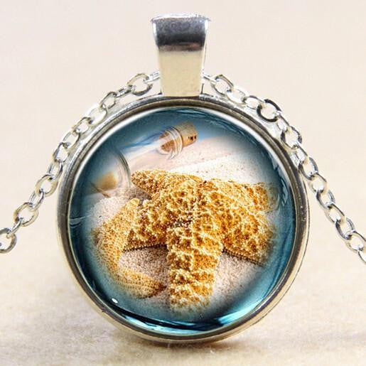 Starfish Glass Necklace Silver Plated - WikiWii