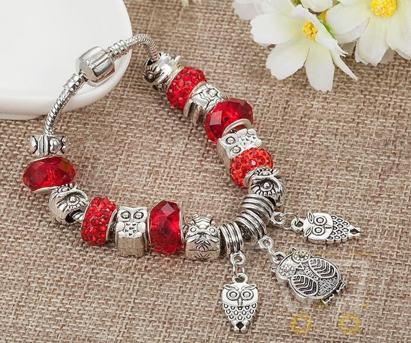 Antique Silver Crystal Beads Owl Bracelet - WikiWii