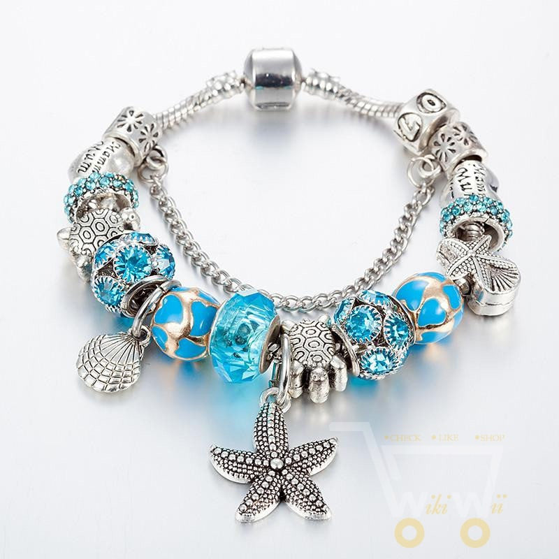 Antique Silver Starfish /Turtle Charms Bracelet - WikiWii