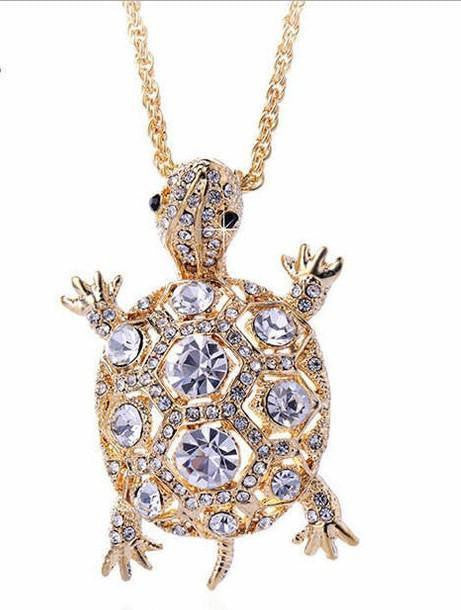 18K Gold Plated Rhinestones Filled Turtle Pendant Necklace - WikiWii