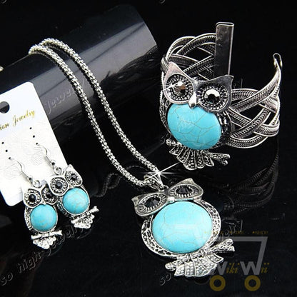 Antique Silver Plated Turquoise Rhinestones Owl Necklace & Earrings & Bracelet - WikiWii