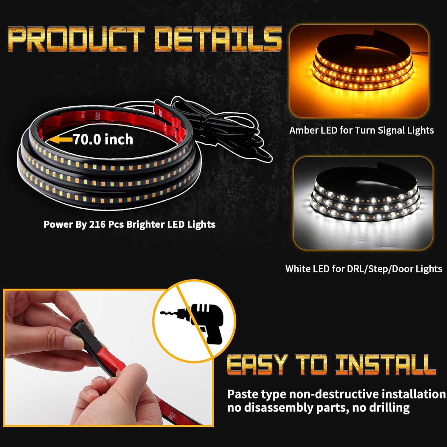 2PCs Truck LED Running Board Lights Sequential Amber Side Marker Light 70 Inch