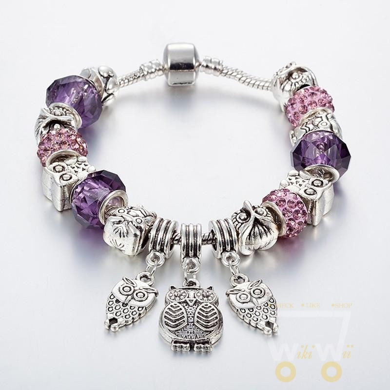 Antique Silver Crystal Beads Owl Bracelet - WikiWii