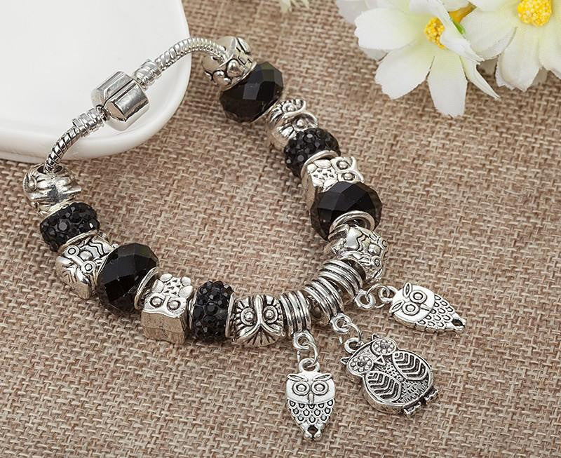 Antique Silver Crystal Beads Owl Bracelet - WikiWii