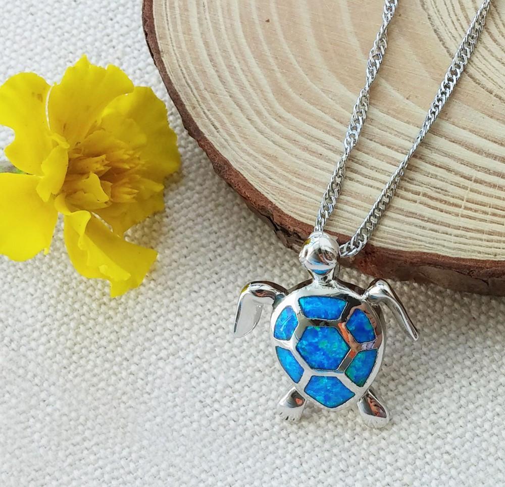 Fire Opal Stone Sea Turtle Necklace - WikiWii