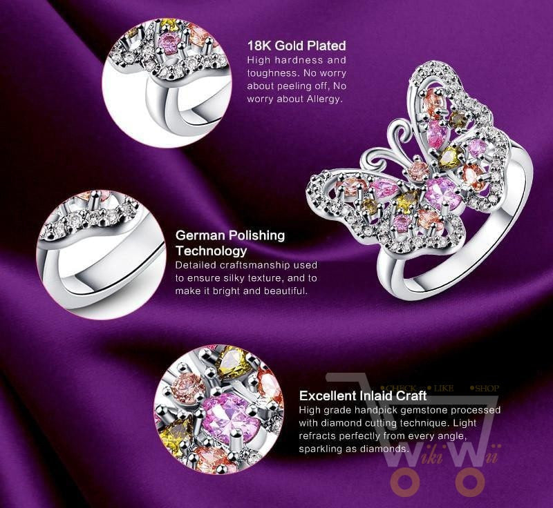 18K White Gold Plated Butterfly Ring - WikiWii