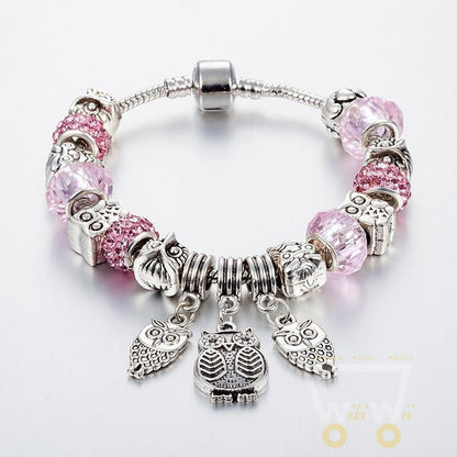 Antique Silver Crystal Beads Owl Bracelet - WikiWii