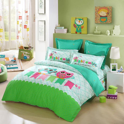 100% cotton cartoon cute owl bedding set 4pcs bedclothes bed-sheet Twin / Queen size - WikiWii