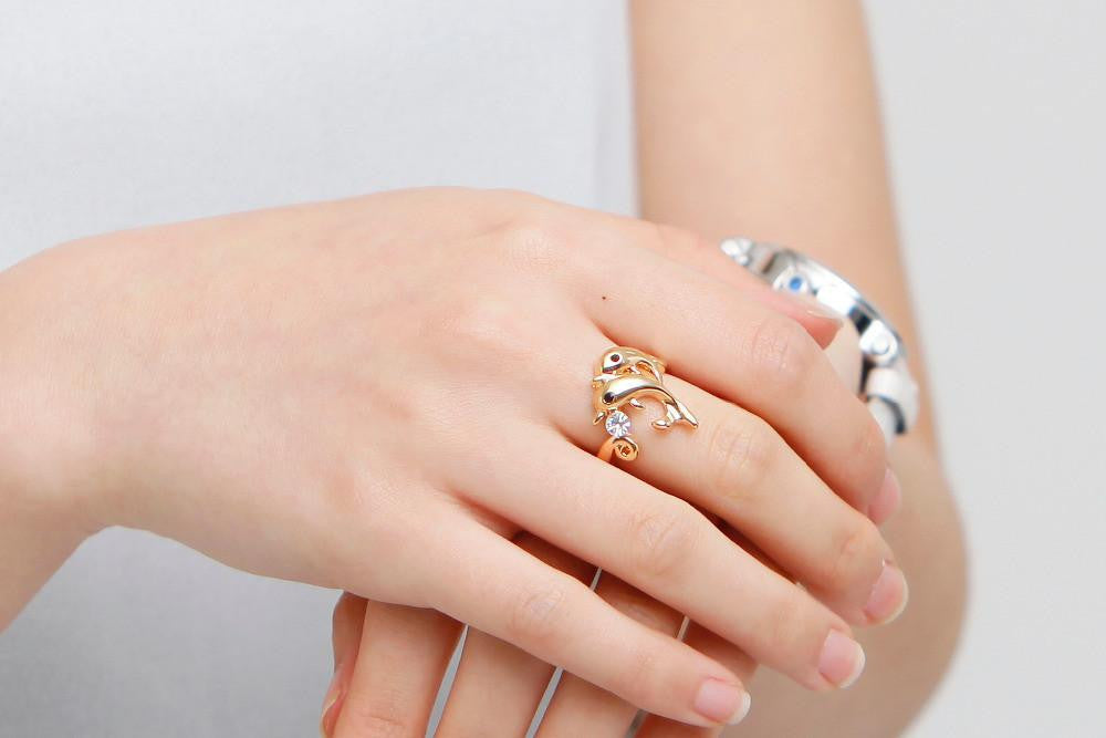 Austria Rhinestone 14k Gold Plated Fashion Dolphin Animal Rings - WikiWii