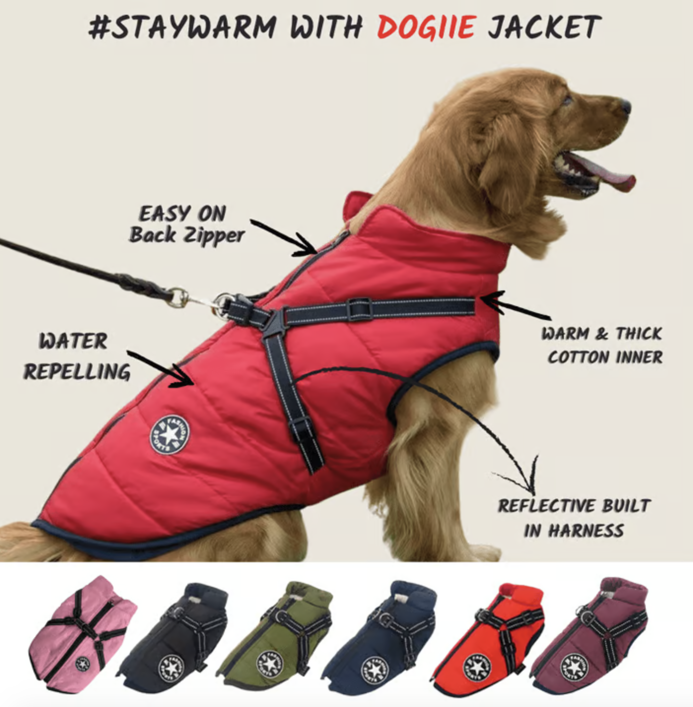 Waterproof Winter Dog Jacket with Built-in Harness