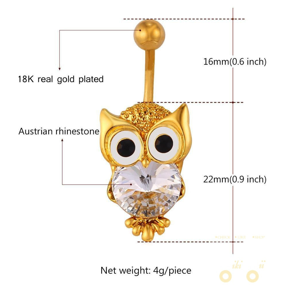 18K Gold Plated / Platinum Plated Owl Belly Button Ring - WikiWii