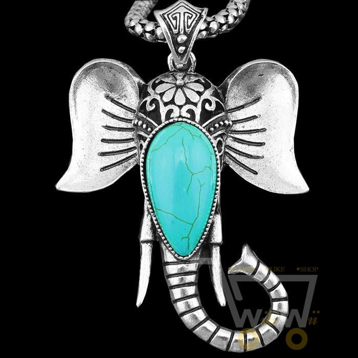 ANtique Silver Plated Elephant Pendant Turquoise Necklace - WikiWii
