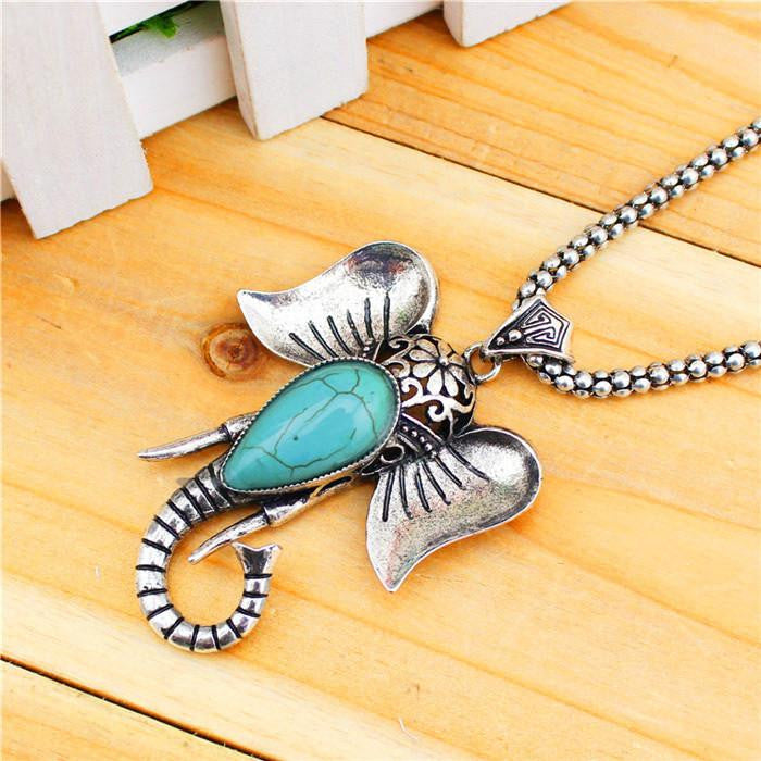 ANtique Silver Plated Elephant Pendant Turquoise Necklace - WikiWii