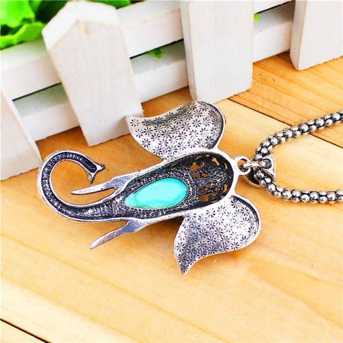ANtique Silver Plated Elephant Pendant Turquoise Necklace - WikiWii