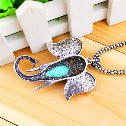 ANtique Silver Plated Elephant Pendant Turquoise Necklace - WikiWii