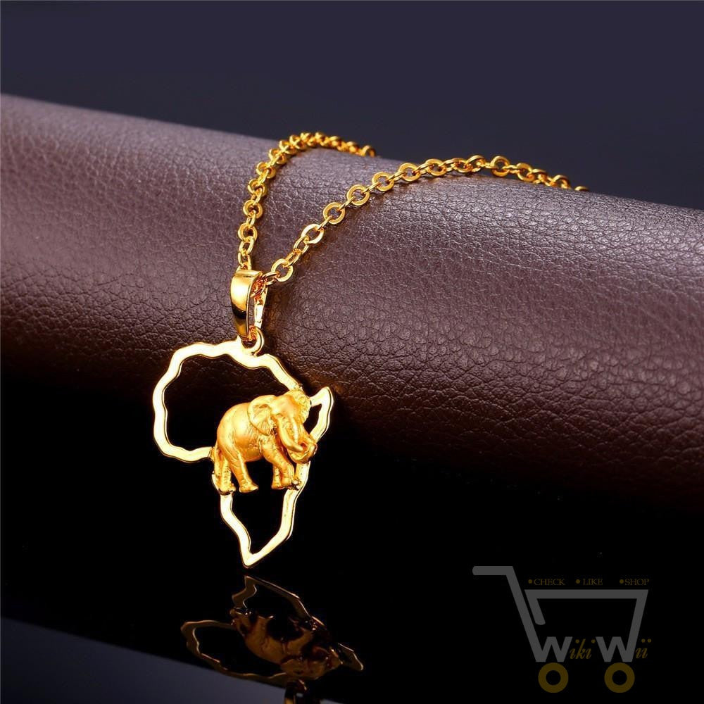 18k Gold Plated  African Map Elephant Necklace - WikiWii