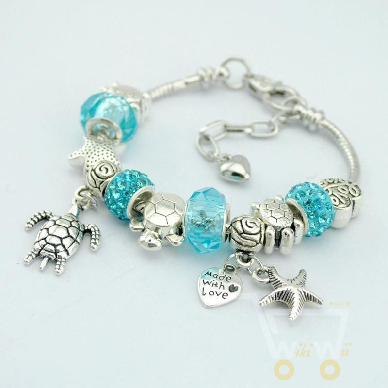 Blue Glass/Crystal Starfish sea turtle beach style bracelet - WikiWii