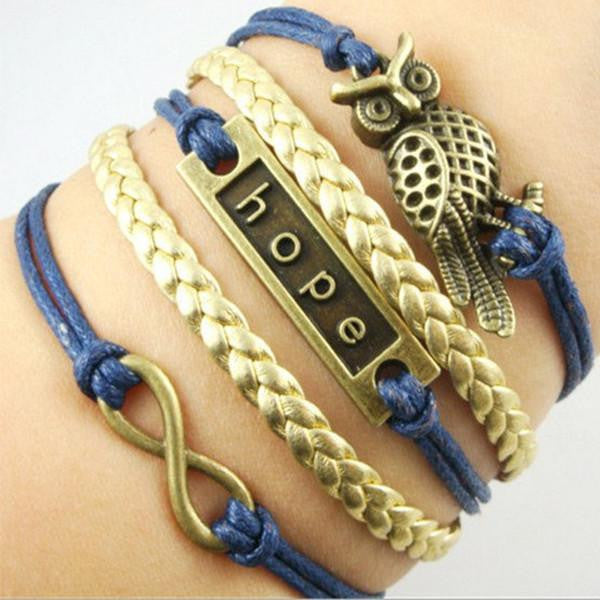 Bracelets with Love Letters Infinity Owl Charm ,Purpe Multilayer Hand Strap - WikiWii