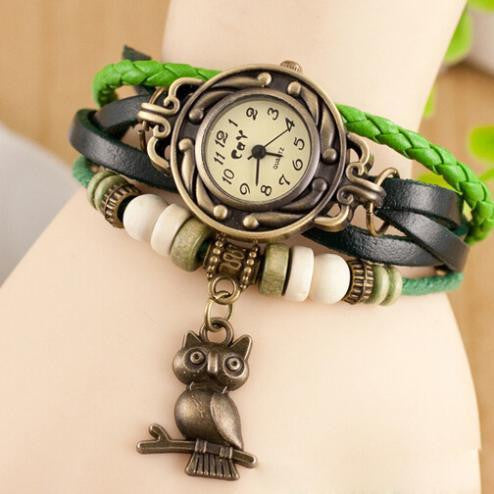 Bronze Ladies Quartz Owl Wooden Bead Bracelet Clock With 8 Colors - WikiWii