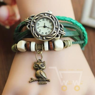 Bronze Ladies Quartz Owl Wooden Bead Bracelet Clock With 8 Colors - WikiWii