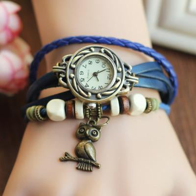 Bronze Ladies Quartz Owl Wooden Bead Bracelet Clock With 8 Colors - WikiWii