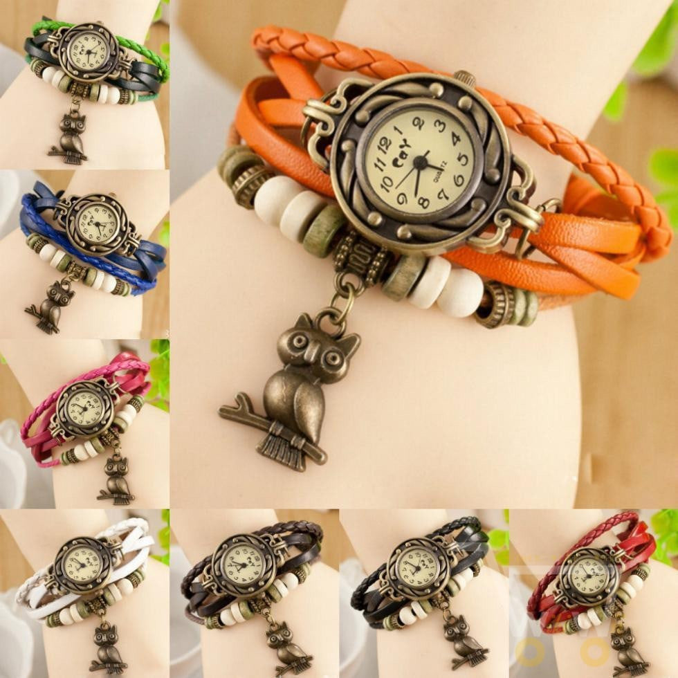 Bronze Ladies Quartz Owl Wooden Bead Bracelet Clock With 8 Colors - WikiWii