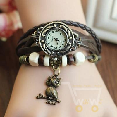 Bronze Ladies Quartz Owl Wooden Bead Bracelet Clock With 8 Colors - WikiWii