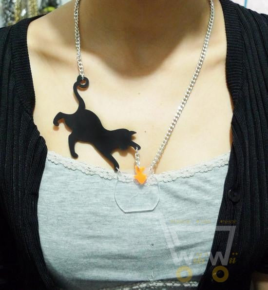 Cat & Fishing Pendant Necklace - WikiWii