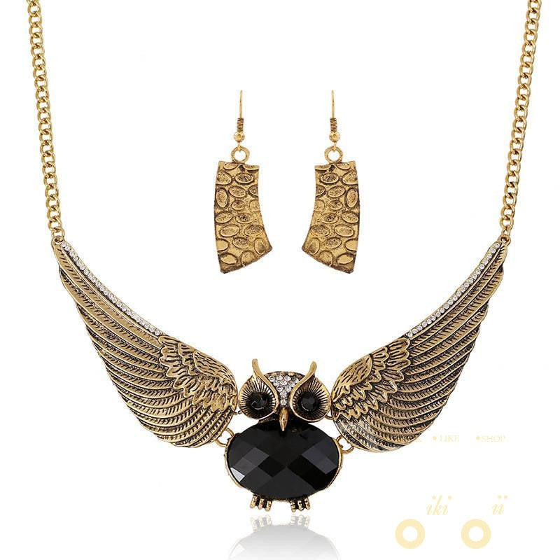 Classic Romantic The Owl Short Big Crystal Chain Link Chokers Necklaces & Earrings - WikiWii