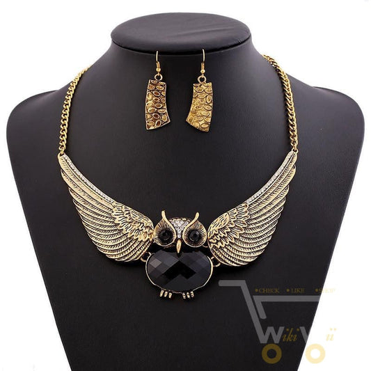 Classic Romantic The Owl Short Big Crystal Chain Link Chokers Necklaces & Earrings - WikiWii