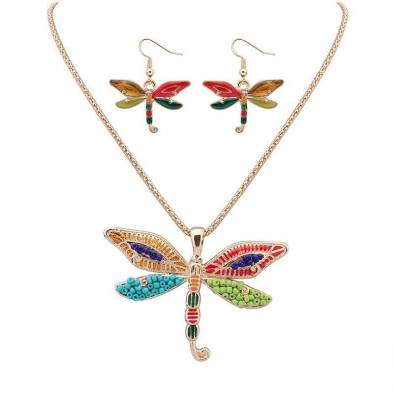 Colorful Dragonfly wings Necklace & Earrings Set - WikiWii