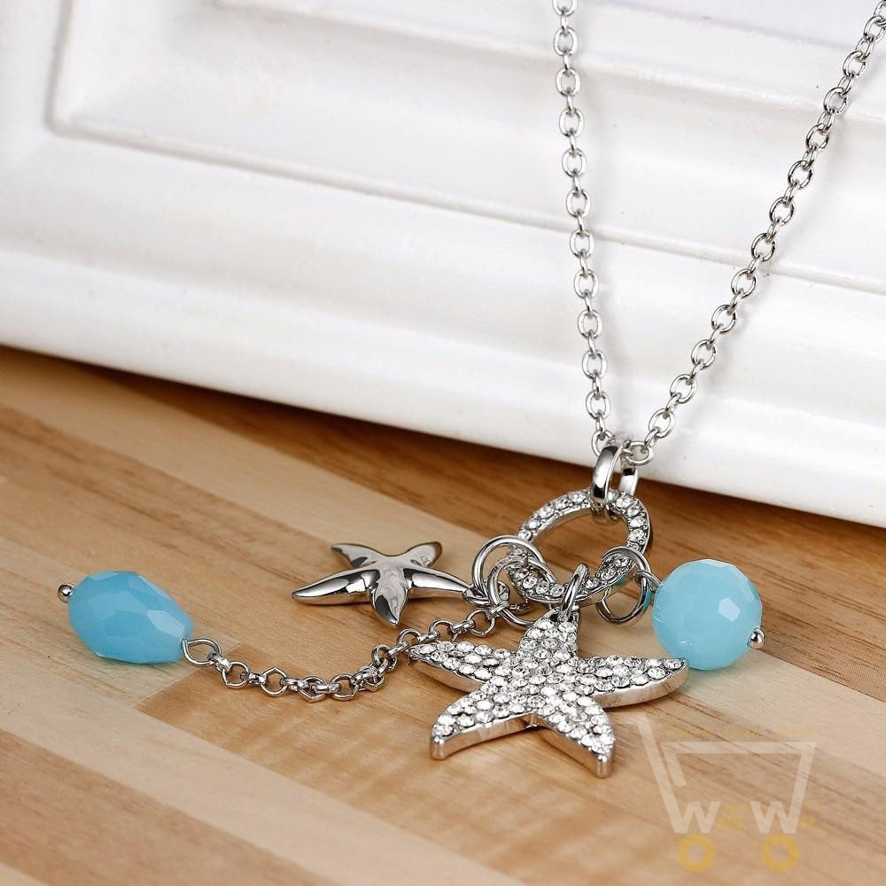 Crystal Starfish Charm Long Necklace - WikiWii