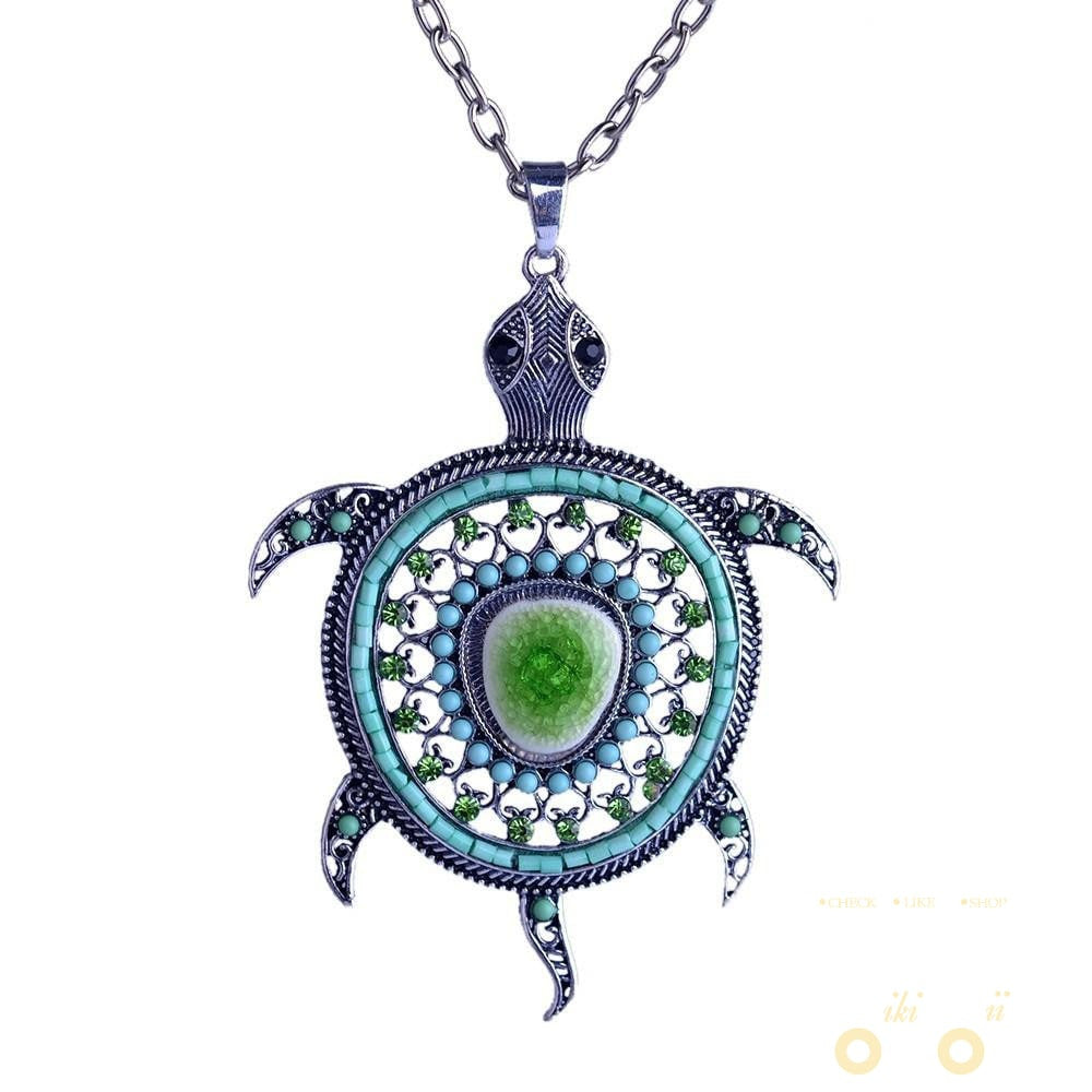 Crystals Mini Turtle Necklace Long Chain - WikiWii