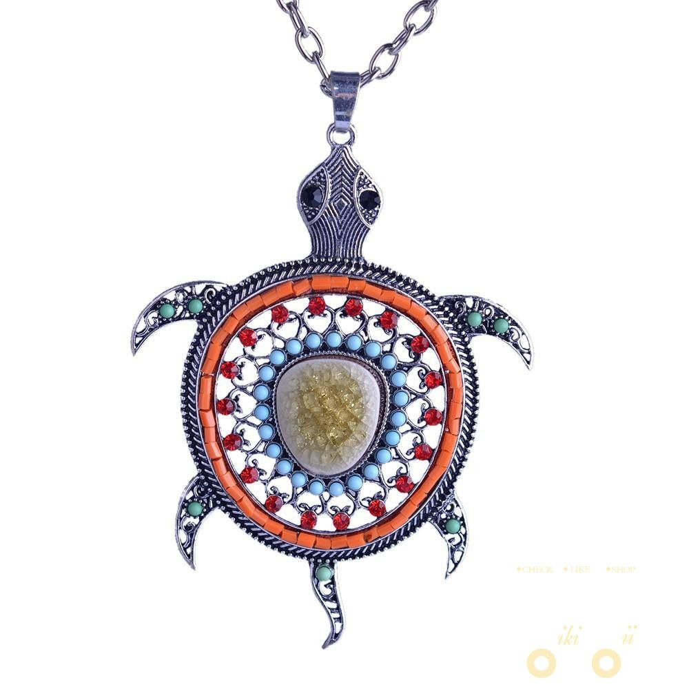 Crystals Mini Turtle Necklace Long Chain - WikiWii