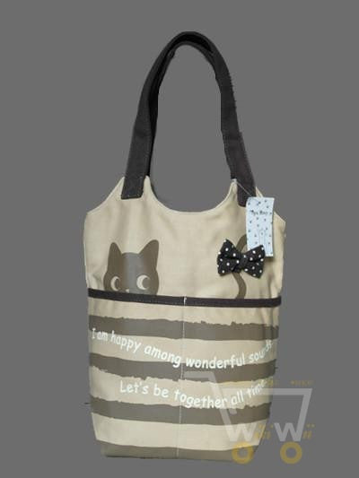 cute cat fishing canvas handbags color Beige - WikiWii