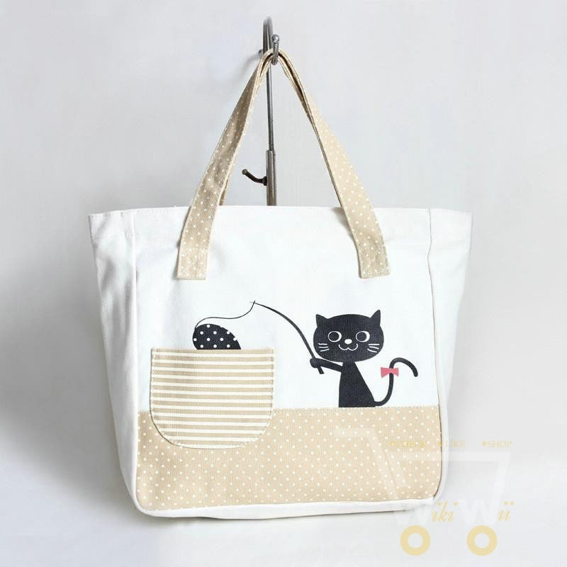 cute cat fishing canvas tote bag - WikiWii