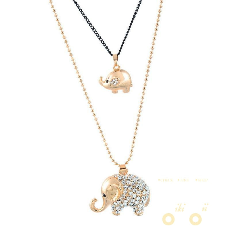 Cute Elephant Mom&Baby Pendant Necklace Light Golden Two Layers - WikiWii