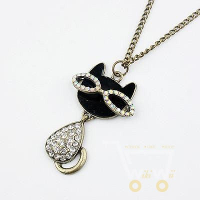 Cute Glasses Imitation Diamond Cat Necklace - WikiWii