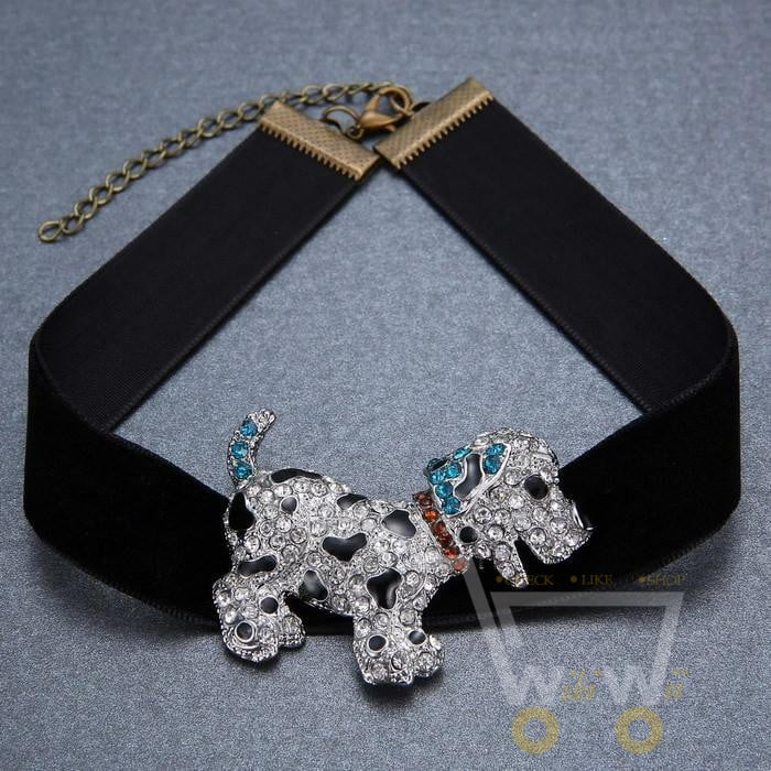 dog Black Velvet Ribbon Choker Collar Necklace and Crystal Rhinestone - WikiWii