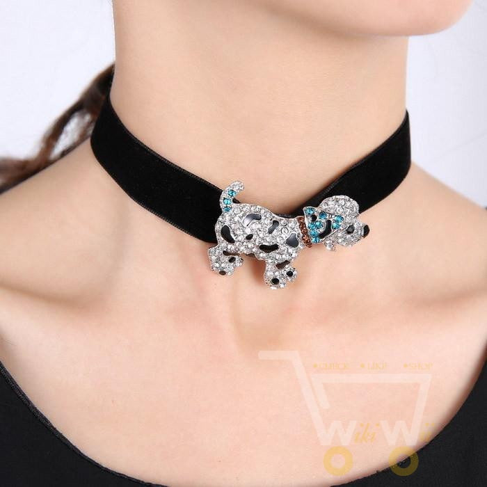 dog Black Velvet Ribbon Choker Collar Necklace and Crystal Rhinestone - WikiWii