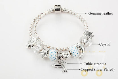 DOLPHINS CHARM BRACELET WHITE LEATHER "2" - WikiWii