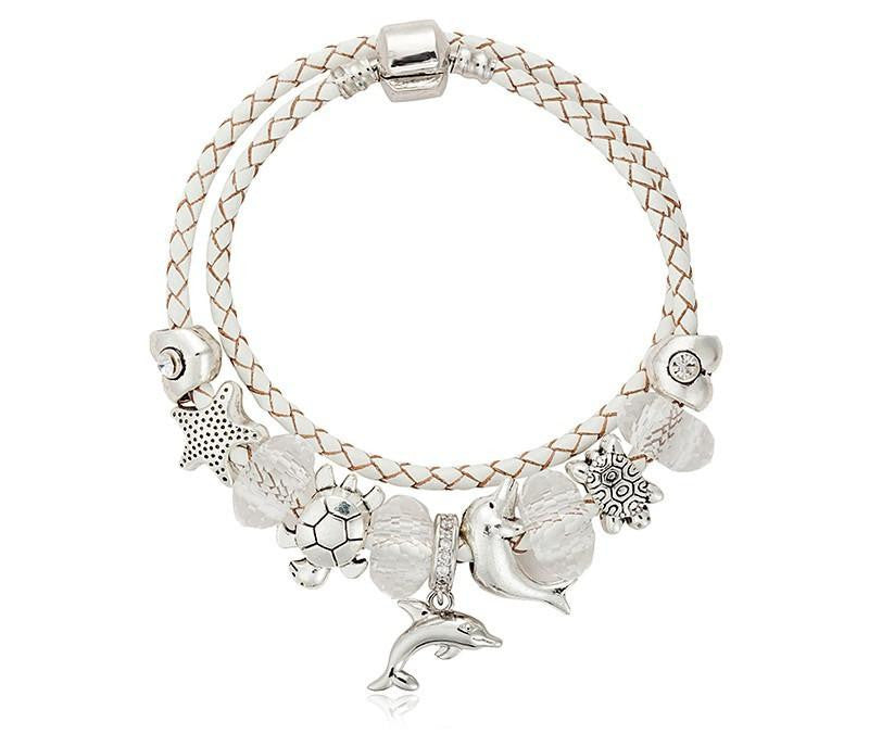 Dolphins Charm Bracelet White leather - WikiWii