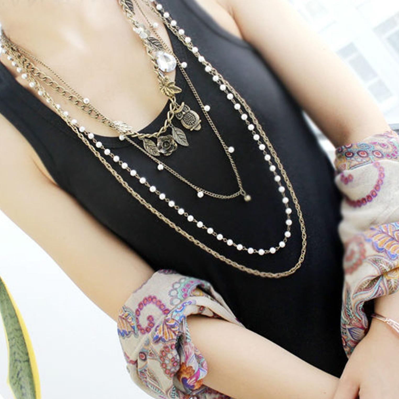 Gold Color Leaf Owl Imitation Pearl Multi-layer Necklaces Long Necklace - WikiWii