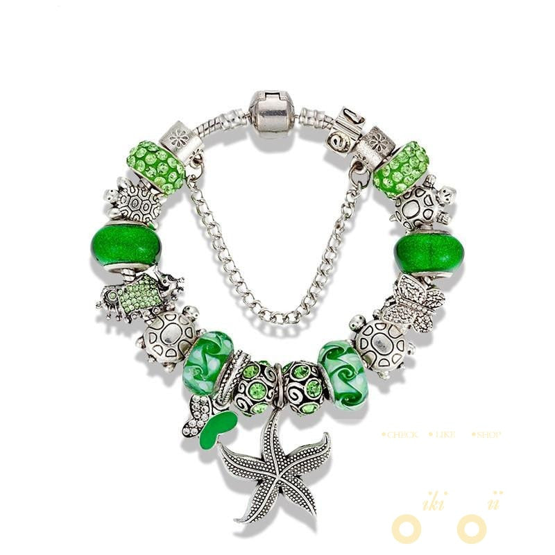 Green Beads  Starfish /Butterfly /Turtle  Charm Bracelet - WikiWii