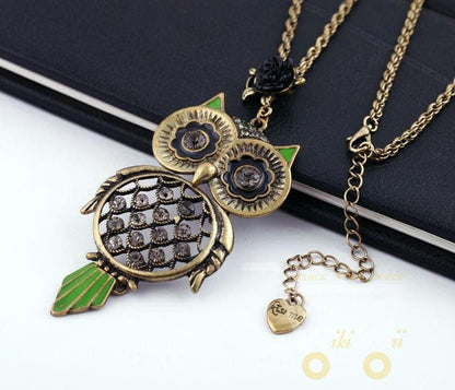 Green-eyed owl sweater chain long necklace - WikiWii