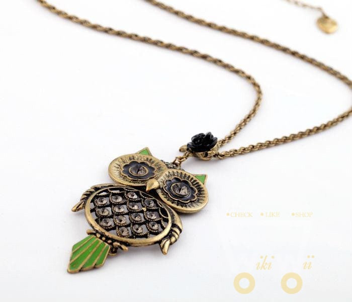 Green-eyed owl sweater chain long necklace - WikiWii