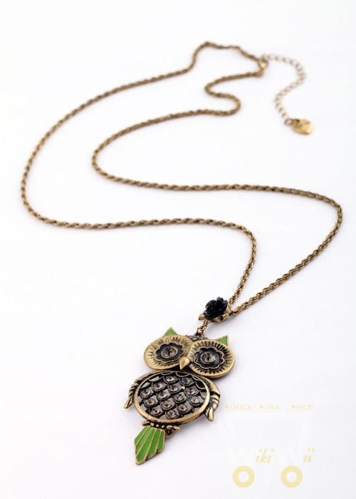 Green-eyed owl sweater chain long necklace - WikiWii