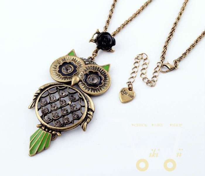 Green-eyed owl sweater chain long necklace - WikiWii